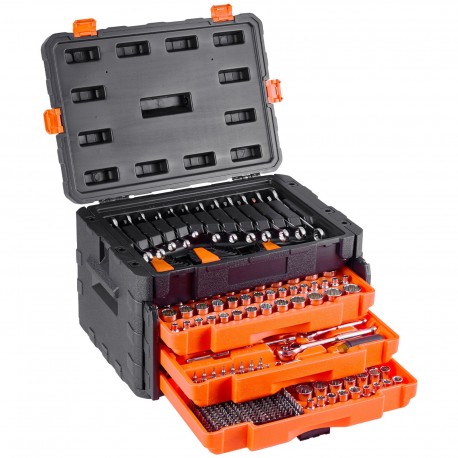 Mechaniko įrankių ir galvučių rinkinys, 450 vnt., metrinis/SAE, oranžinis dėklas